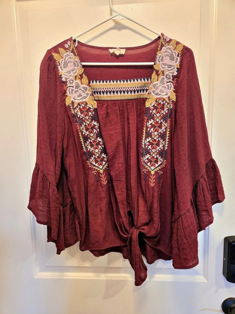 NWOT entro Embroidered Tie-Front Blouse in Red